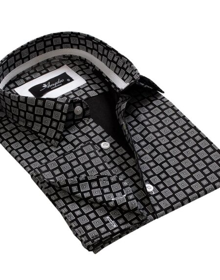 Black Grey Squares Mens Slim Fit French Cuff Dress Shirts with Cufflink Holes - Casual and Formal - Amedeo Exclusive