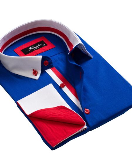 Blue White Red Mens Slim Fit French Cuff Dress Shirts with Cufflink Holes - Casual and Formal - Amedeo Exclusive