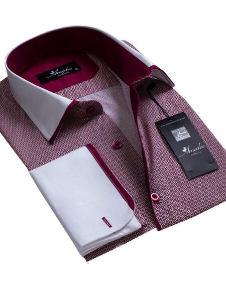 Burgandy and White Mens Slim Fit French Cuff Dress Shirts with Cufflink Holes - Casual and Formal - Amedeo Exclusive