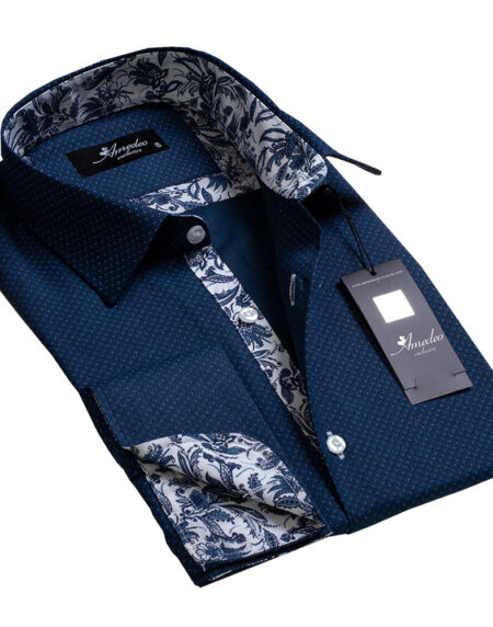 Light Navy Blue Floral Mens Slim Fit French Cuff Dress Shirts with Cufflink Holes - Casual and Formal - Amedeo Exclusive
