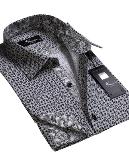Grey with White Black Paisley Mens Slim Fit French Cuff Dress Shirts with Cufflink Holes - Casual and Formal - Amedeo Exclusive