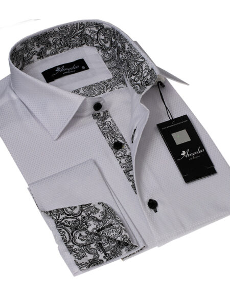 White with White Black Paisley Mens Slim Fit French Cuff Dress Shirts with Cufflink Holes - Casual and Formal - Amedeo Exclusive
