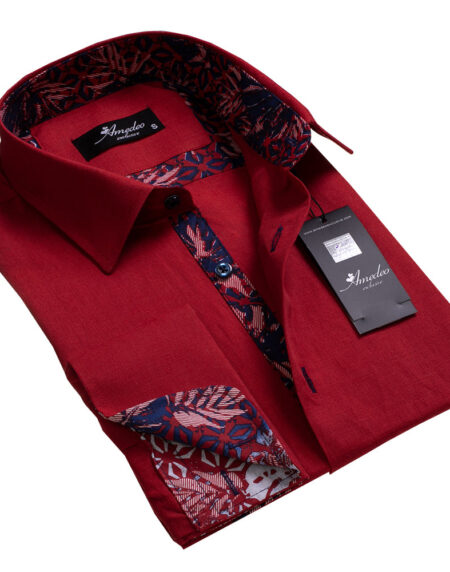 Burgundy Floral Mens Slim Fit French Cuff Dress Shirts with Cufflink Holes - Casual and Formal - Amedeo Exclusive