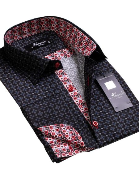 Black With Red Mens Slim Fit French Cuff Dress Shirts with Cufflink Holes - Casual and Formal - Amedeo Exclusive