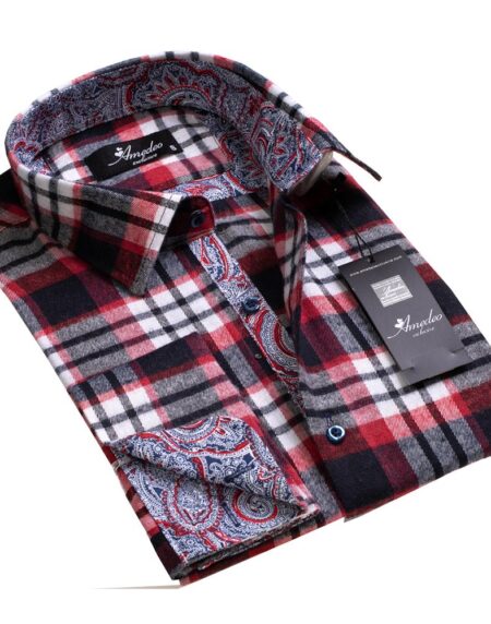 Black White And Red Nova Plaid Mens Slim Fit French Cuff Dress Shirts with Cufflink Holes - Casual and Formal - Amedeo Exclusive