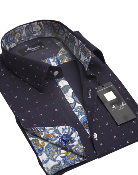 Navy Blue Mens Slim Fit French Cuff Dress Shirts with Cufflink Holes - Casual and Formal - Amedeo Exclusive