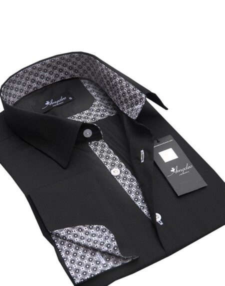 Black With Checkers Mens Slim Fit French Cuff Dress Shirts with Cufflink Holes - Casual and Formal - Amedeo Exclusive