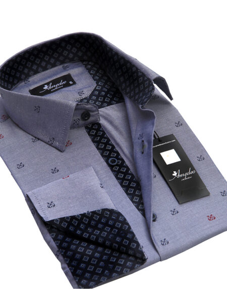Grey With Checkers Mens Slim Fit French Cuff Dress Shirts with Cufflink Holes - Casual and Formal - Amedeo Exclusive