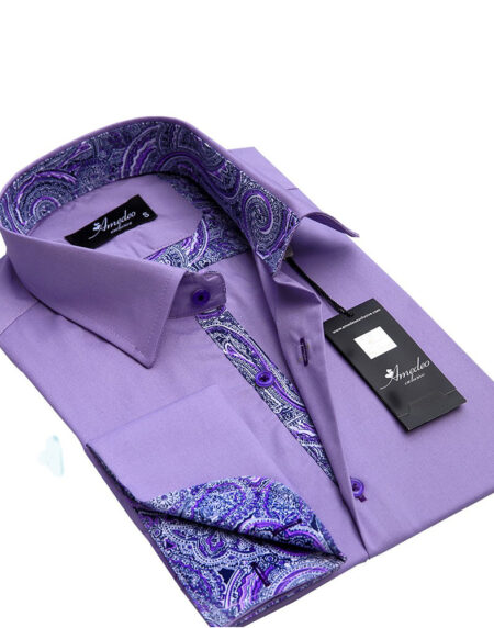 Light Purple Paisley Mens Slim Fit French Cuff Dress Shirts with Cufflink Holes - Casual and Formal - Amedeo Exclusive