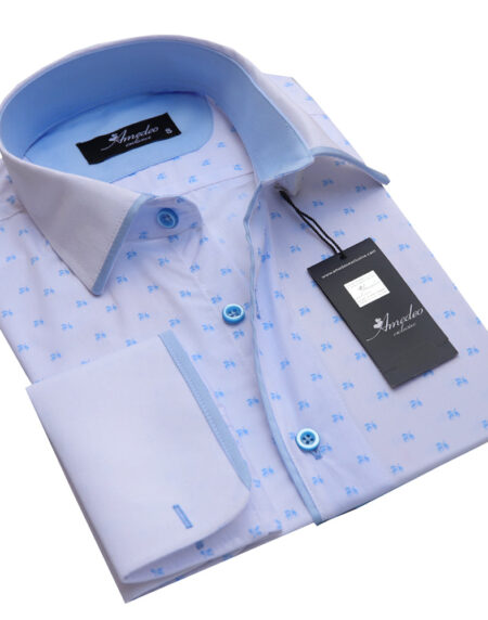 White With Light Blue Mens Slim Fit French Cuff Dress Shirts with Cufflink Holes - Casual and Formal - Amedeo Exclusive