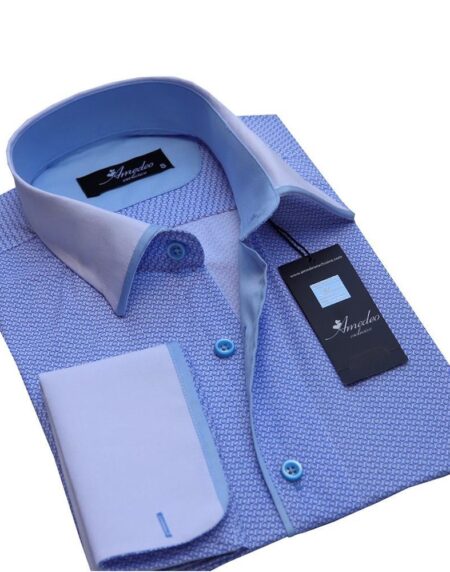 Blue Mens Slim Fit French Cuff Dress Shirts with Cufflink Holes - Casual and Formal - Amedeo Exclusive