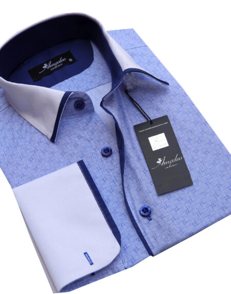 Light Blue Design Mens Slim Fit French Cuff Dress Shirts with Cufflink Holes - Casual and Formal - Amedeo Exclusive