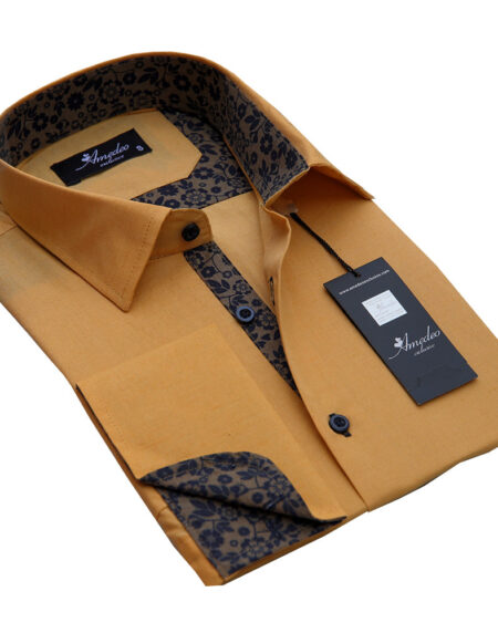 Solid Tan With Brown Floral Design Mens Slim Fit Designer Dress Shirt - tailored Cotton Shirts for Work and Casual Wear - Amedeo Exclusive