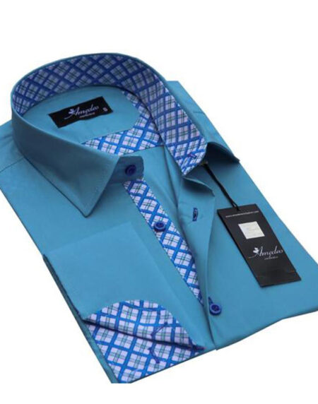 Turquoise Blue With Check Design Mens Slim Fit Designer Dress Shirt - tailored Cotton Shirts for Work and Casual Wear - Amedeo Exclusive