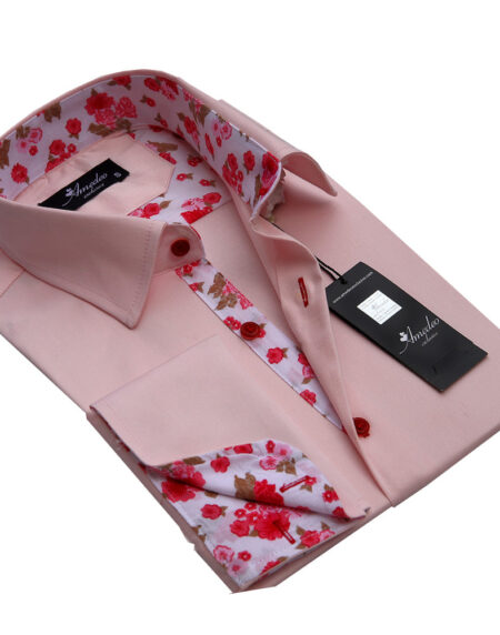 Salmon Pink Floral Mens Slim Fit French Cuff Dress Shirts with Cufflink Holes - Casual and Formal - Amedeo Exclusive