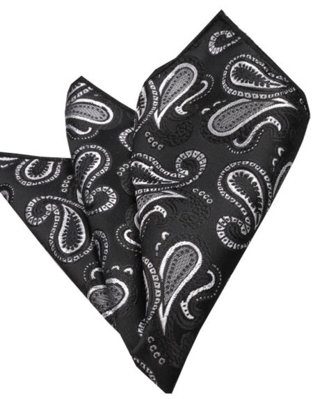 Men's Black Silver Paisley Pocket Square Hanky Handkerchief - Amedeo Exclusive