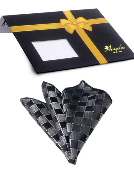 Men's Silver Black Pocket Square Hanky Handkerchief - Amedeo Exclusive