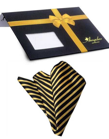 Men's Black Yellow Stripes Pocket Square Hanky Handkerchief - Amedeo Exclusive