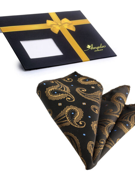 Men's Black Gold Paisley Pocket Square Hanky Handkerchief - Amedeo Exclusive