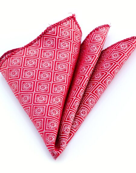 Men's Red With Silver Design Pocket Square Hanky Handkerchief - Amedeo Exclusive
