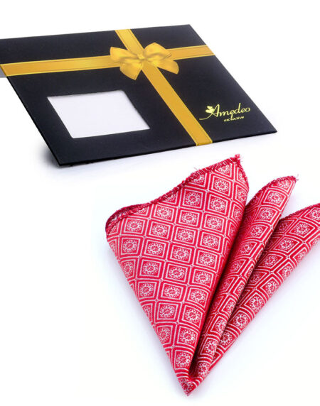 Men's Red With Silver Design Pocket Square Hanky Handkerchief - Amedeo Exclusive