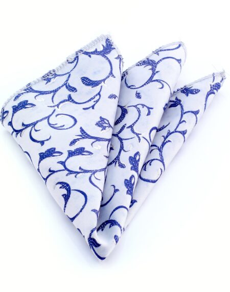 Men's Light Grey With Blue Floral Pocket Square Hanky Handkerchief - Amedeo Exclusive