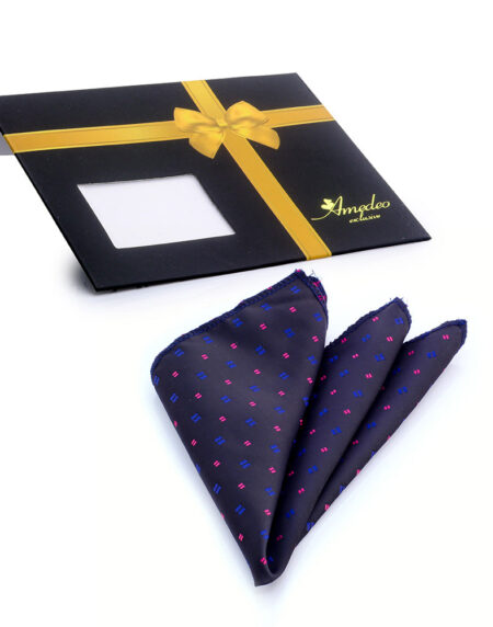 Men's Black with Metallic Blue & Pink Pocket Square Hanky Handkerchief - Amedeo Exclusive