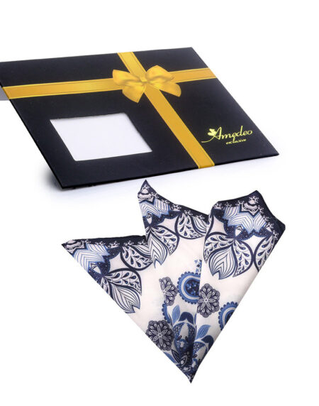 Men's Blue White Black Floral Pocket Square Hanky Handkerchief - Amedeo Exclusive