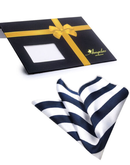 Men's White Blue Lines Pocket Square Hanky Handkerchief - Amedeo Exclusive