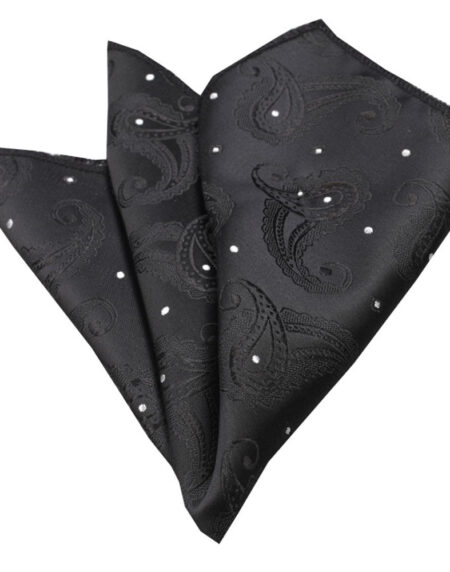 Men's Solid Black Paisley with White Dots Pocket Square Hanky Handkerchief - Amedeo Exclusive