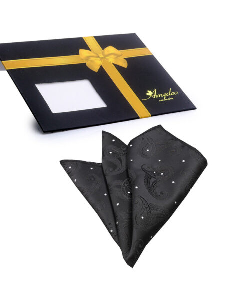 Men's Solid Black Paisley with White Dots Pocket Square Hanky Handkerchief - Amedeo Exclusive