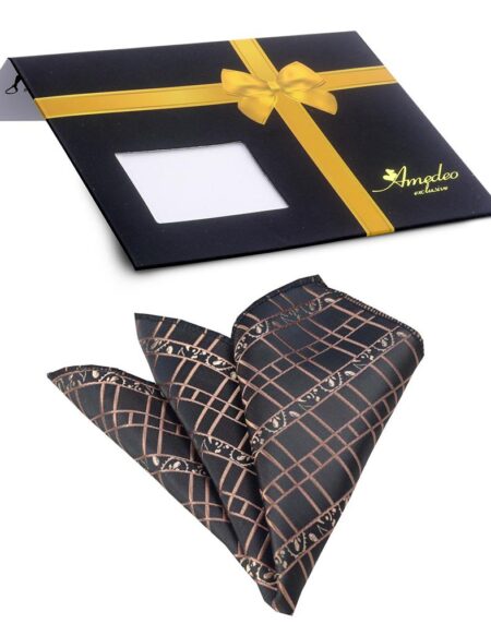 Men's Brown Black Squares Pocket Square Hanky Handkerchief - Amedeo Exclusive
