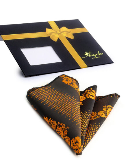 Men's Orange Black Pocket Square Hanky Handkerchief - Amedeo Exclusive