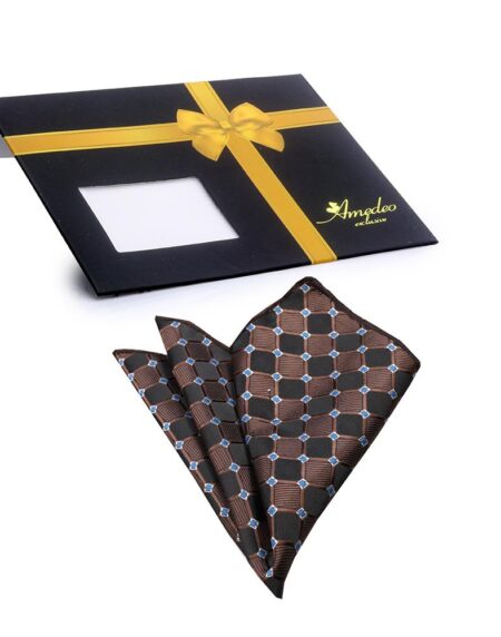 Men's Brown Black Squares Pocket Square Hanky Handkerchief - Amedeo Exclusive