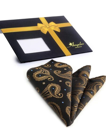Men's Black Brown Paisley Pocket Square Hanky Handkerchief - Amedeo Exclusive