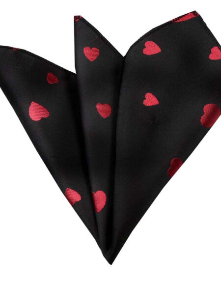 Men's Solid black with red hearts Pocket Square Hanky Handkerchief - Amedeo Exclusive