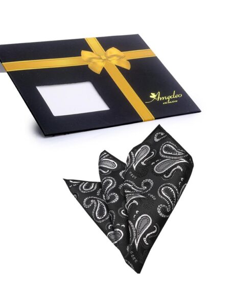 Men's Black Grey Paisley Pocket Square Hanky Handkerchief - Amedeo Exclusive