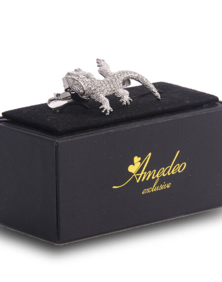 Men's Silver Aligator With Stones Shiny Metallic Stainless Steel Tie Clips - Amedeo Exclusive