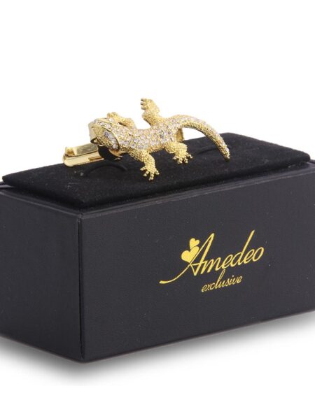 Men's Gold Aligator With Stones Metallic Stainless Steel Tie Clips - Amedeo Exclusive