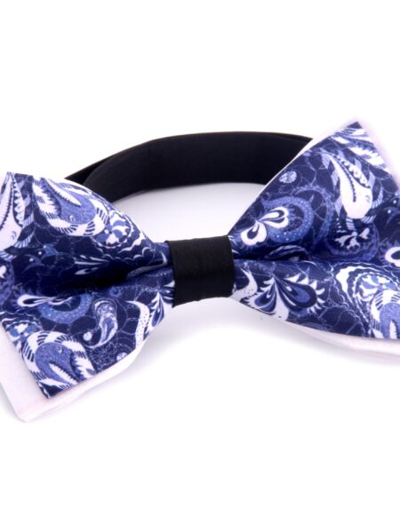 Men's White Blue Paisley Silk Pre-Tied Bow Tie - Amedeo Exclusive