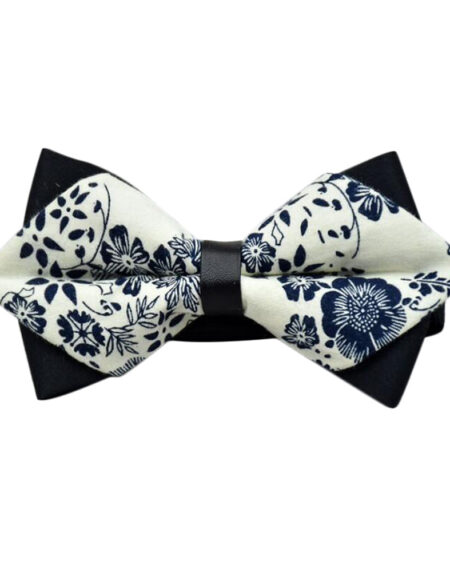 Men's White Blue Floral 100% Cotton Elegant Pre-Tied Bow Tie - Amedeo Exclusive