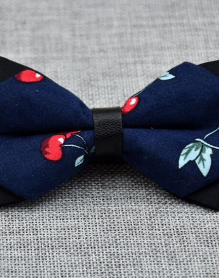 Men's Navy Blue Red Cherries 100% Cotton Pre-Tied Bow Tie - Amedeo Exclusive