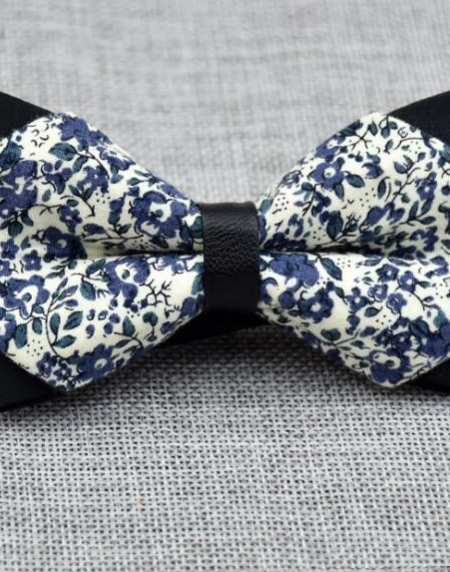 Men's White Blue Floral 100% Soft Cotton Pre-Tied Bow Tie - Amedeo Exclusive