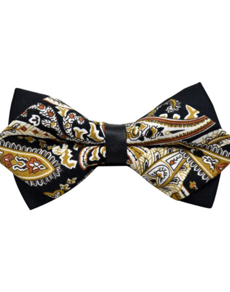 Men's Black Gold Floral 100% Cotton Pre-Tied Bow Tie - Amedeo Exclusive