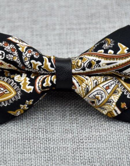 Men's Black Gold Floral 100% Cotton Pre-Tied Bow Tie - Amedeo Exclusive