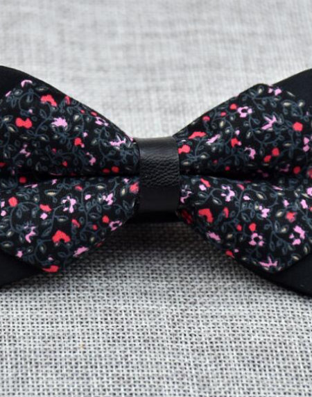 Men's Black Grey Floral 100% Cotton Pre-Tied Bow Tie - Amedeo Exclusive