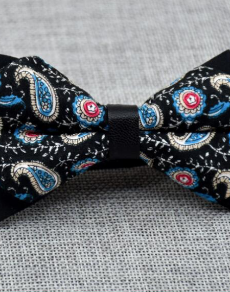 Men's Black Blue Pink Paisley 100% Cotton Pre-Tied Bow Tie - Amedeo Exclusive