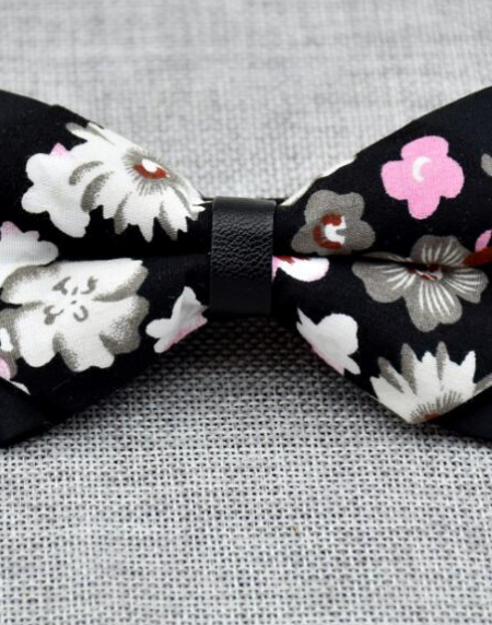 Men's Black White Floral 100% Cotton Pre-Tied Bow Tie - Amedeo Exclusive
