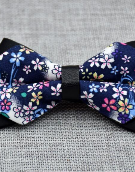 Men's Navy Blue Colorful Floral 100% Cotton Pre-Tied Bow Tie - Amedeo Exclusive