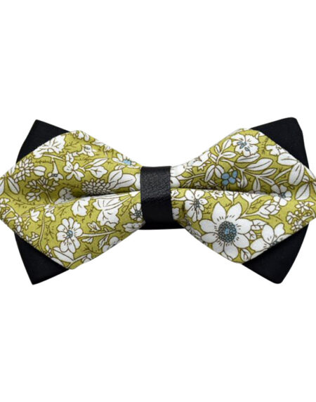 Men's Mustard Green Floral 100% Cotton Pre-Tied Bow Tie - Amedeo Exclusive